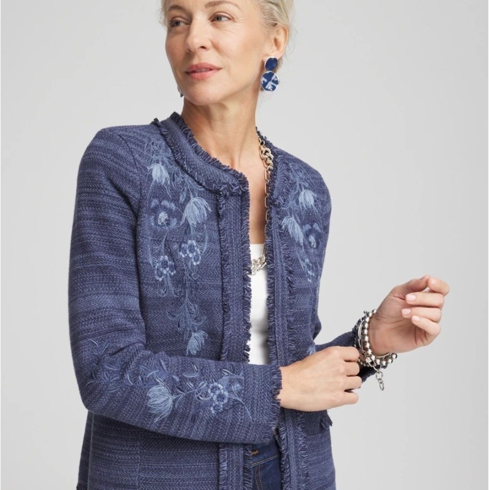 NWT‎ Chico's 3 (XL) Denim Blue Sweater Cardigan Embroidered